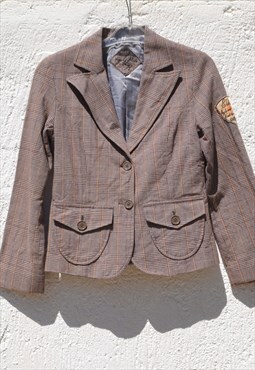 Vintage brown/orange/blue plaided/houndstooth cotton blazer
