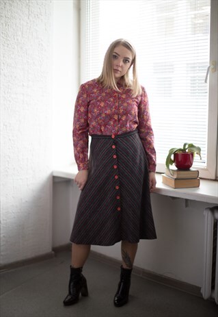 VINTAGE 80'S MIDI GREY/RED STRIPED BUTTONS UP SKIRT