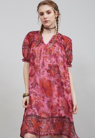 VINTAGE 70'S FUSCIA AND ORANGE FLORAL INDIAN BOHO DRESS
