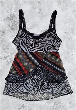 Y2K Abstract Animal Print Lace Trim Cami Top