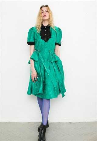 VINTAGE GREEN BLACK RUFFLE 80S MIDI DRESS