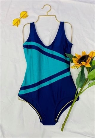 Vintage 80s Blue Patterned Low Back Swimsuit