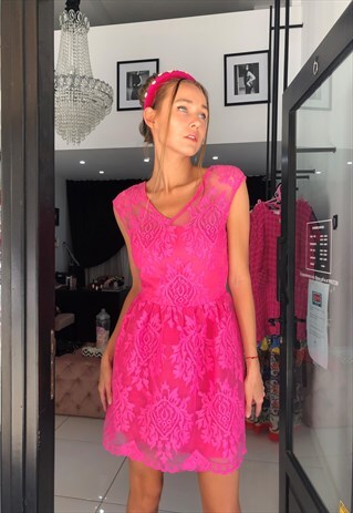 'NEFELIE' PINK LACE MINI SKATER DRESS