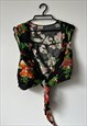 GREEN BLACK FLORAL CROPPED TIE WRAP BOHO GYPSY HOLIDAY TOP 