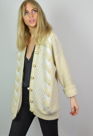 VINTAGE WHITE & CREAM WOOL KNITTED CARDIGAN