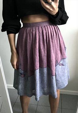 80's Lilac Blue Embroidered Full Knee Length Skirt XS