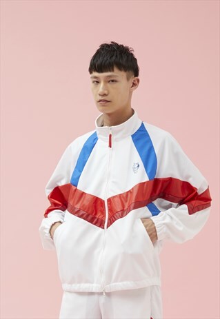 JOGGERS TRACK JACKET IN WHITE WITH RED/BLUE STRIPES