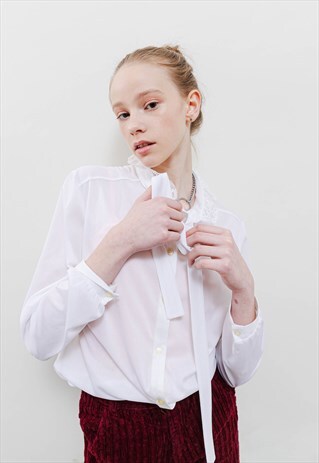 VINTAGE 60S CHIC LACE TRIM WHITE BUTTON UP TIE NECK BLOUSE M