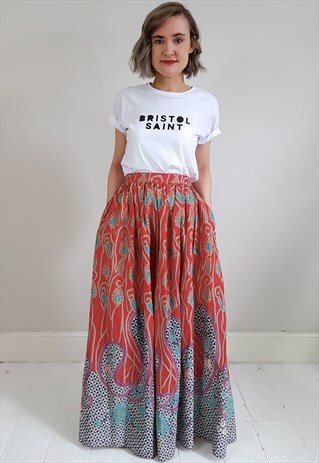 VINTAGE 70'S RED COTTON PAISLEY MAXI SKIRT W/ POCKETS
