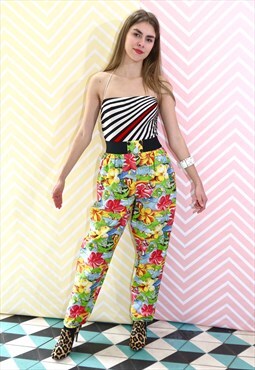 Trousers Vintage 80s Bright Hawaiian Print Loose Size 8