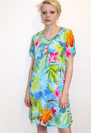 90S VINTAGE FLORAL HAWAIIAN MINI HOLIDAY BOHO PRINT DRESS