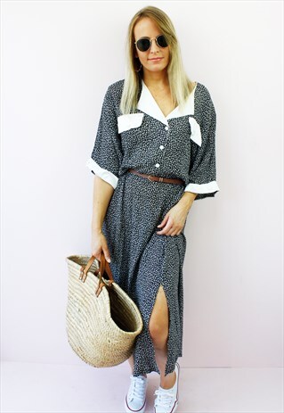 VINTAGE 80'S FLORAL PRINT SATIN COLLAR MIDI DAY DRESS