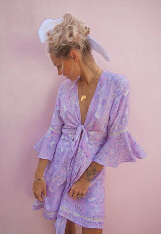 TIE FRONT SUMMER PRINTED DRESS WITH SLEEVES