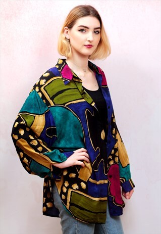 1990S VINTAGE CRAZY PATTERNED SILKY OVERSIZED SHIRT