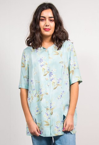 VINTAGE 90'S MINT GREEN FLORAL PATTERN BLOUSE SHIRT
