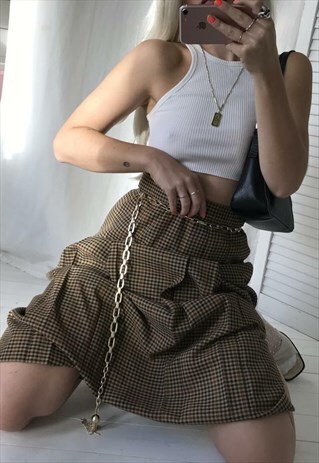 VINTAGE 90S PURE WOOL CHECKED TARTAN PLEATED MIDI SKIRT