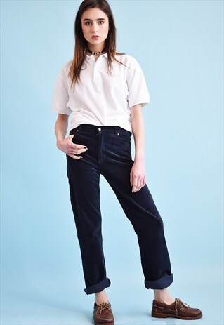 90'S RETRO VELVET BLUE HIGHWAISTED STRAIGHT VELVET TROUSERS