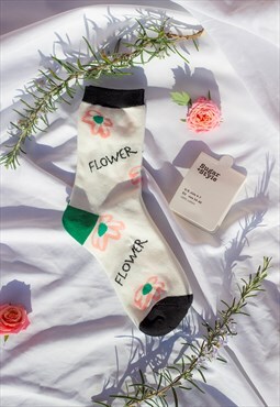 Pink Green Black Illustrated Floral Text Socks