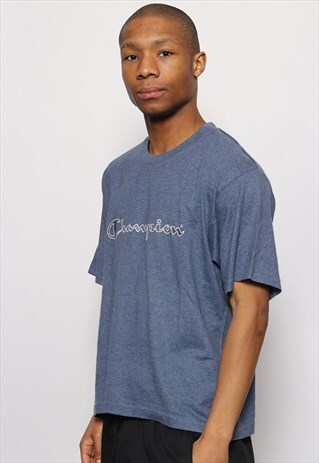 VINTAGE CHAMPION BIG SPELL OUT LOGO T-SHIRT BLUE