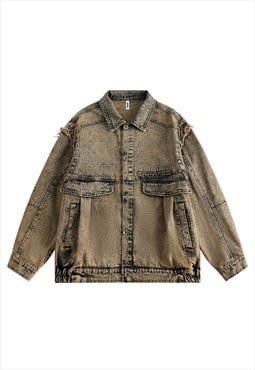 Vintage wash denim jacket utility jean bomber in acid brown