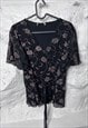 90S BEAUTIFUL FEMININE BLACK FLORAL TIE WAIST BLOUSE - XL - 