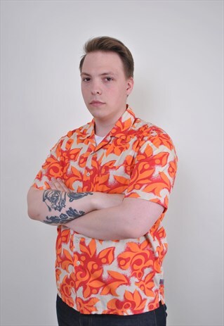 VINTAGE ORANGE HAWAII SHIRT, RETRO FLORAL BUTTON DOWN