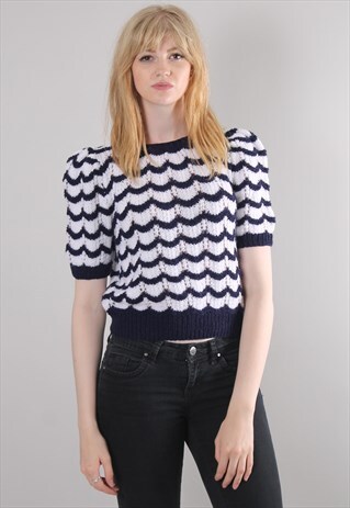 VINTAGE 80S STRIPED CROCHET KNIT PUFF SLEEVE TOP