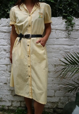 VINTAGE 80S PALE YELLOW SUMMER PALM TREE DRESS