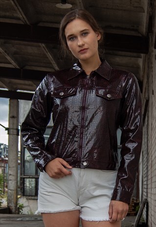 VINTAGE RETRO BURGUNDY FAUX LEATHER CROP JACKET