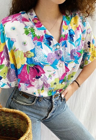 VINTAGE 70S GISELE RUBISNTEIN BOTANICA FLORAL BLOUSE TOP