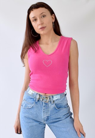 VINTAGE 90S Y2K HOT PINK CUSTOMISED DIAMANTE VEST TOP