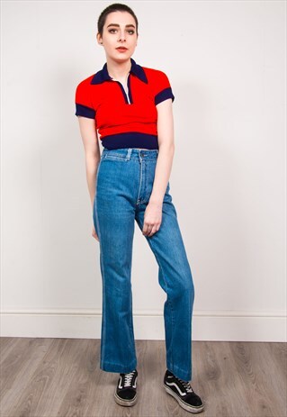 VINTAGE 70'S LIGHT BLUE DENIM HIGH WAIST KICK FLARE JEANS