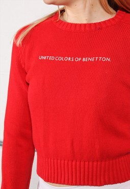 Vintage Benetton Jumper in Red Knitted Crop Sweater Small