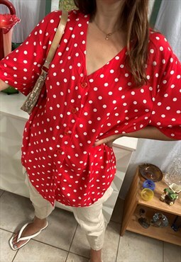 Vintage 80s short sleeve red polka dot blouse top longline
