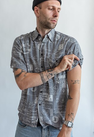 VINTAGE 80S GREY PATTERN FESTIVAL SHIRT