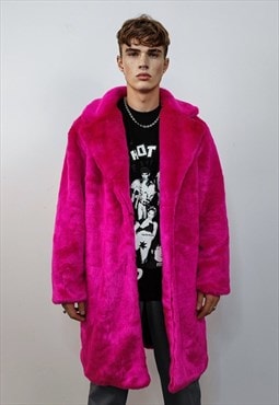 Pink faux fur long coat shaggy trench bright raver bomber