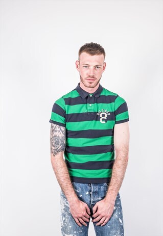 VINTAGE 1990S GREEN AND NAVY BLUE TOMMY HILFIGER POLO SHIRT
