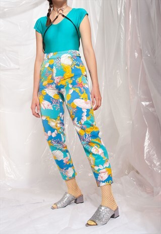 VINTAGE MAX MARA TROUSERS 90S SHELL SEA PRINTED SLIM PANTS