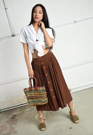 VINTAGE 80S PARIS CHIC MIDI SKIRT IN BROWN WITH FLORAL PRINT