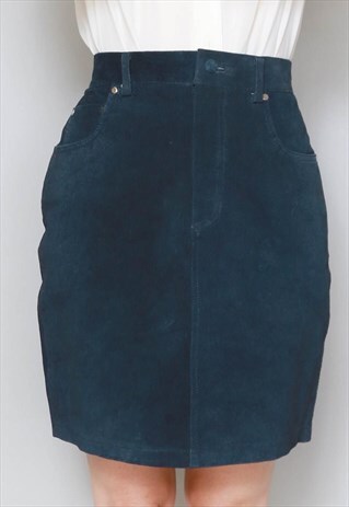 VINTAGE 1980'S NAVY BLUE SOFT SUEDE PENCIL SKIRT