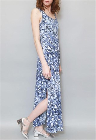 VINTAGE 1970'S BLUE ABSTRACT GLASS PRINT MAXI DRESS