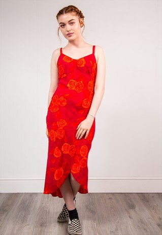 90'S VINTAGE RED FLORAL PATTERN SUMMER DRESS