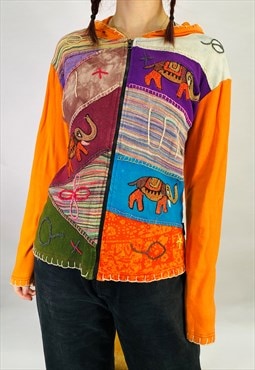 Vintage Size S Handmade Embroidered Elephant Hoodie in Multi