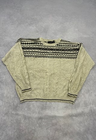 VINTAGE KNITTED JUMPER ABSTRACT PATTERNED GRANDAD SWEATER