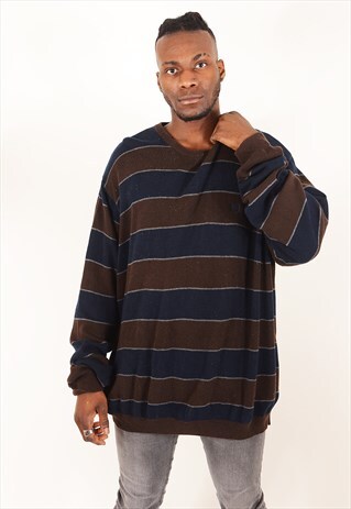 VINTAGE RALPH LAUREN CHAPS STRIPY JUMPER NAVY BLUE & BROWN