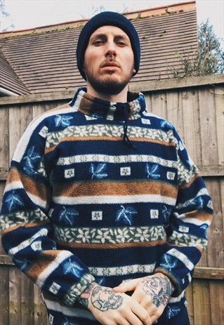 VINTAGE 90S BLUE FUNKY PATTERN WINTER FLEECE JACKET UNISEX