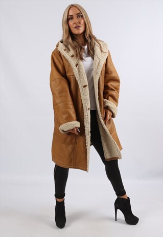 VINTAGE SHEEPSKIN LEATHER SHEARLING COAT HOODED (KJ3C)