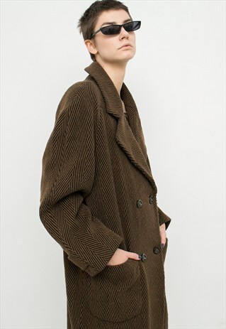VINTAGE COAT LONG SLEEVED BROWN HERRINGBONE COLLARED