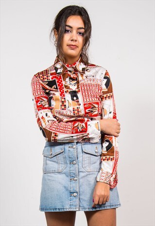 VINTAGE 70'S CRAZY EGYPTIAN PRINT SHIRT BLOUSE