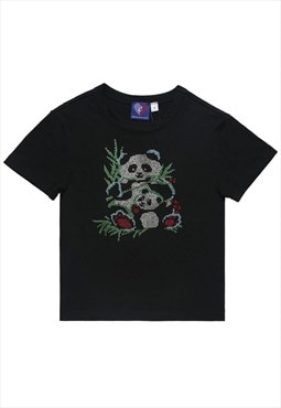 Embellished top panda t-shirt fitted animal print tee black